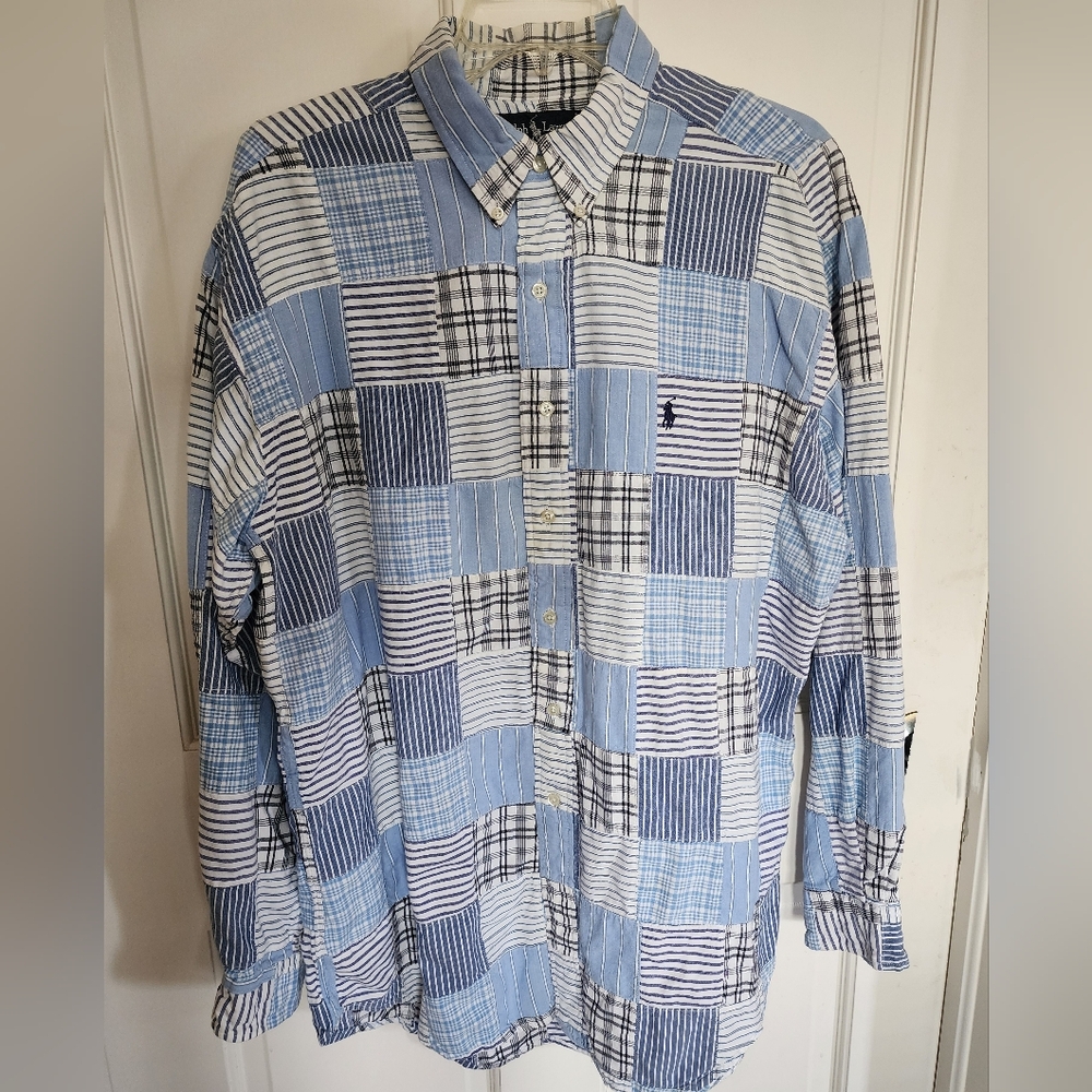 Vintage Ralph Lauren Shirt Large Blue Plaid Madras Patchwork Long Sleeve Blaire